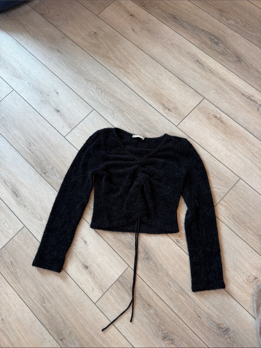 Altar'd State Black Fuzzy Ruched Cropped Long Sleeve Top